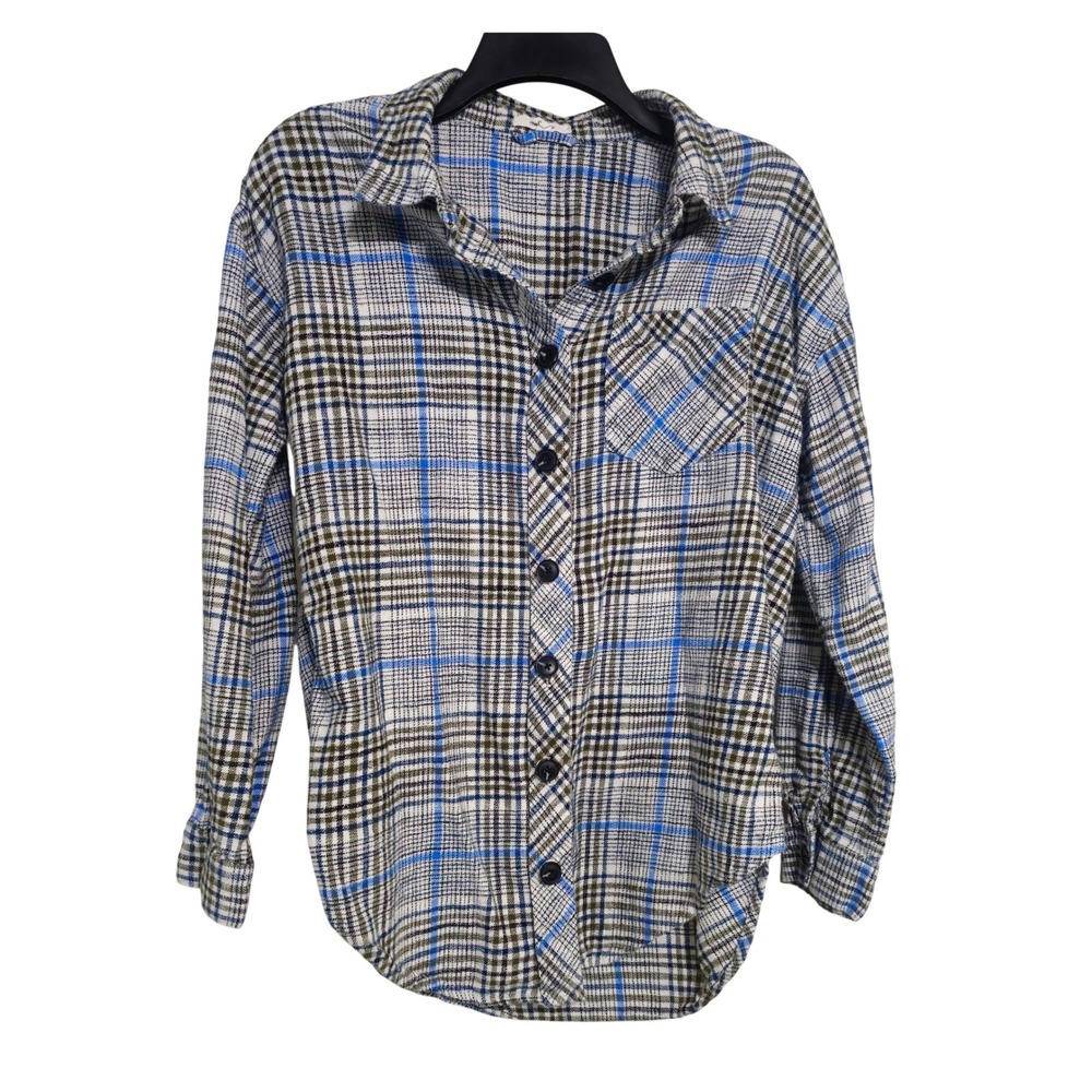 Maurices Plaid Button Up Boyfriend Flannel Blue Green Brown White Size S‎ EUC